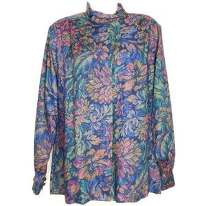 Vintage NEW Pendleton Floral Blouse Sz 12 Black Blue Green Purple Rayon 90s